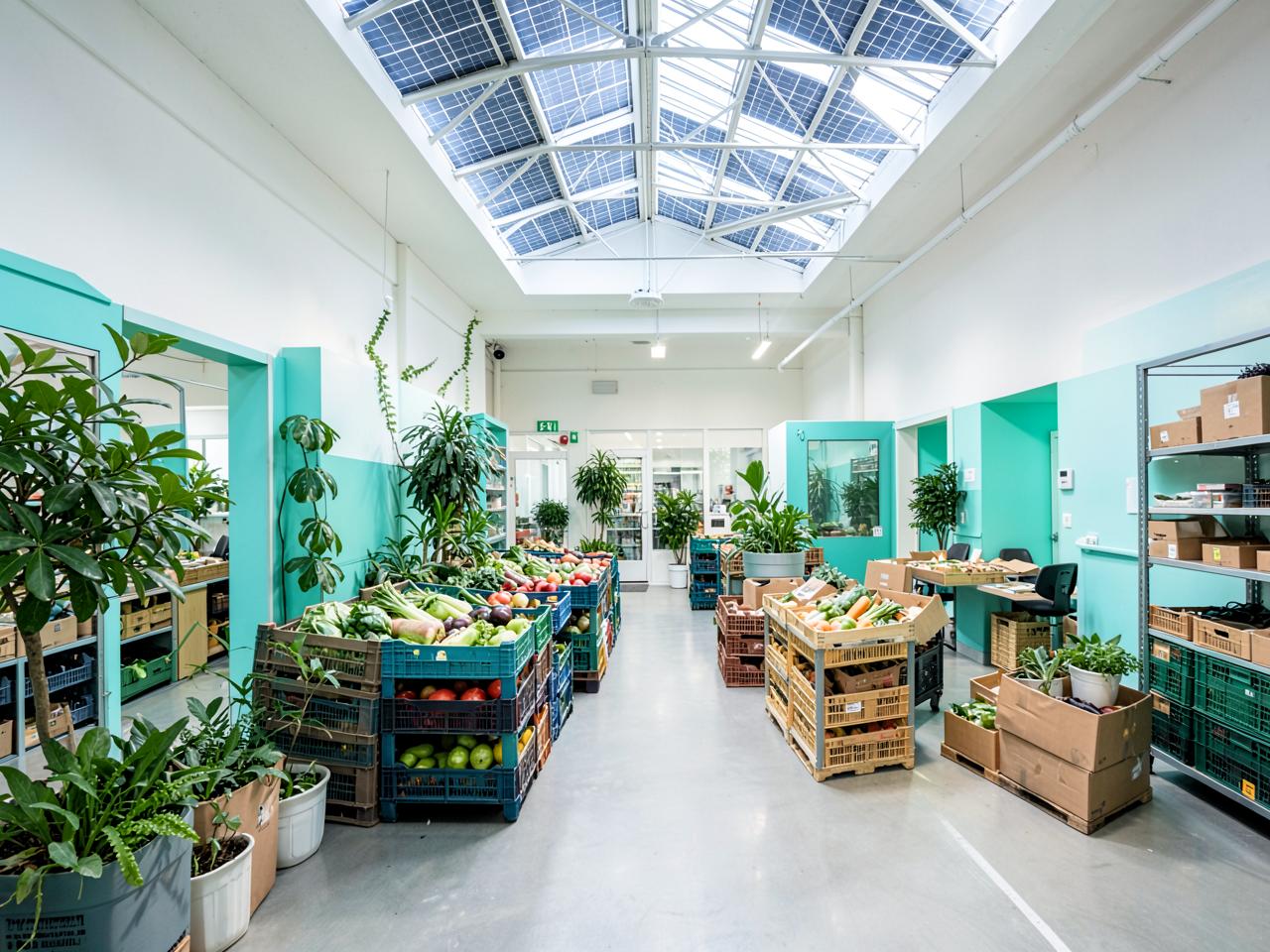 A bright Azaroth fulfilment centre with solar skylights and reusable produce crates
